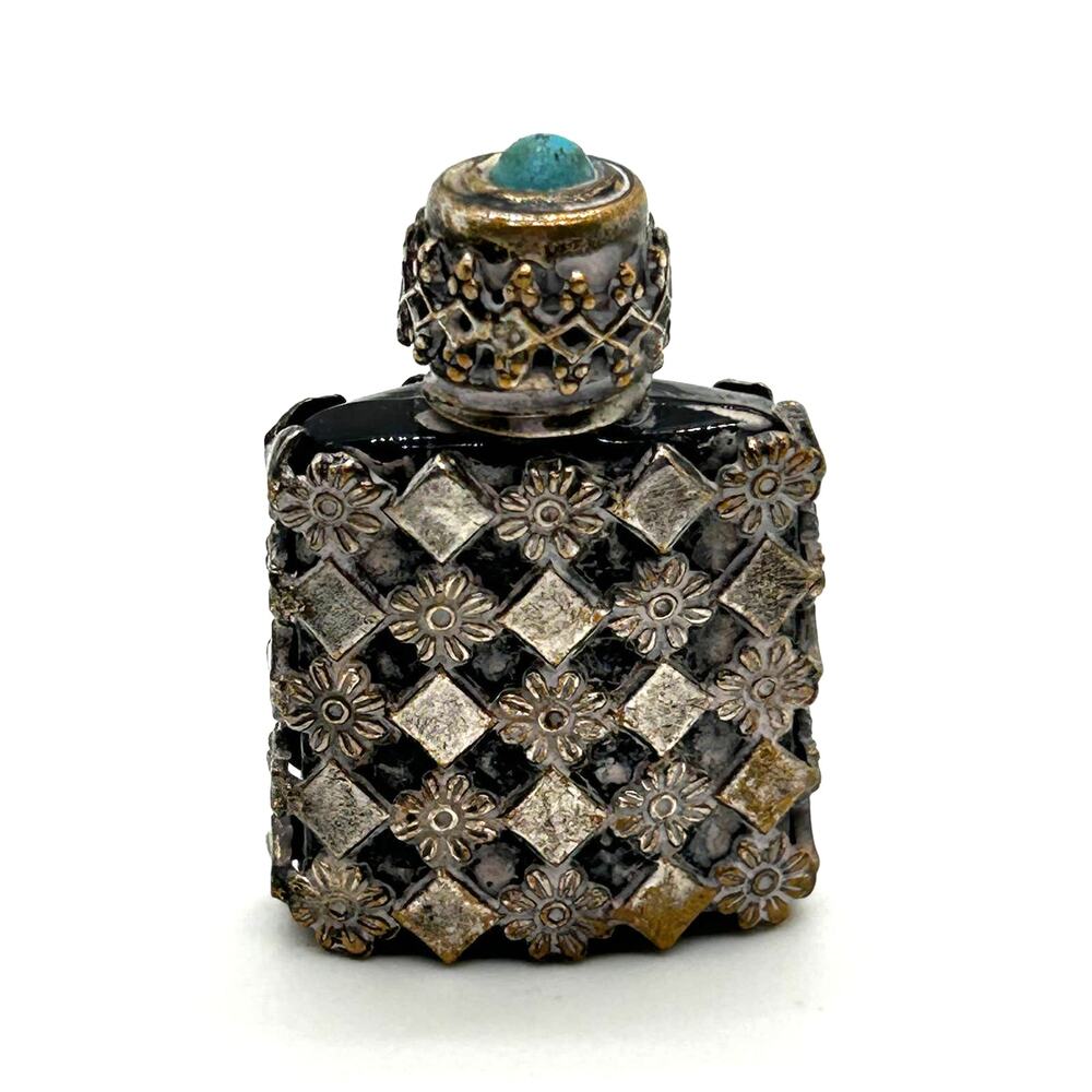 Antique Mini Perfume Bottle Cobalt Blue Glass Metal Overlay‎ Made in France